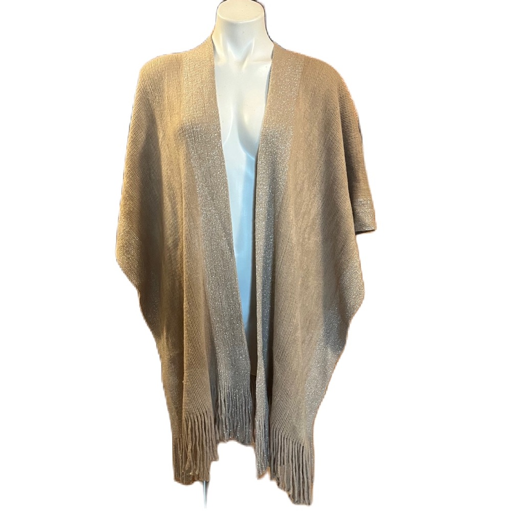 Northern Angel tan knit poncho with gold thread trim and fringe